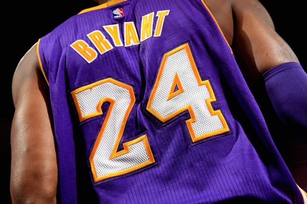 DENVER, CO - DECEMBER 22:  Detail of the jersey of Kobe Bryant #24 of the Los Angeles Lakers as he faces the Denver Nuggets at Pepsi Center on December 22, 2015 in Denver, Colorado. The Lakers defeated the Nuggets 111-107. NOTE TO USER: User expressly acknowledges and agrees that, by downloading and or using this photograph, User is consenting to the terms and conditions of the Getty Images License Agreement.  (Photo by Doug Pensinger/Getty Images) (Doug Pensinger/Getty Images)