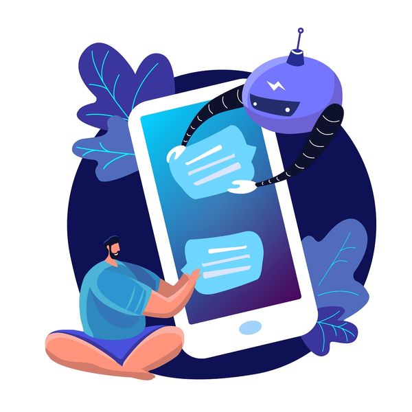 Customer user man Chatting with chatbot application Online Infrormation artificial Intelligence Chat bot and future marketing AI and business IOT concept Dialog help service Flat Vector illustration (Alina Kvaratskhelia/iStock/Getty Images Plus)
