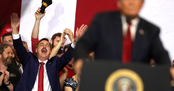 FARGO, ND - JUNE 27:  Michael J. Lindell (L) CEO of My Pillow, cheers as U.S. president Donald Trump speaks to supporters during a campaign rally at Scheels Arena on June 27, 2018 in Fargo, North Dakota. President Trump held a campaign style "Make America Great Again" rally in Fargo, North Dakota with thousands in attendance.  (Photo by Justin Sullivan/Getty Images) (Justin Sullivan/Getty Images)