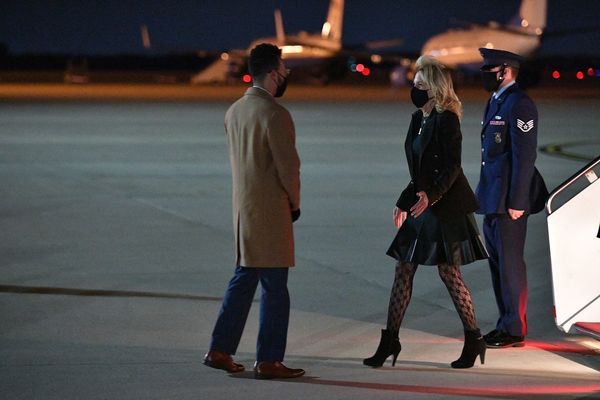 US First Lady Jill Biden deplanes upon arrival at Andrews Air Force Base in Maryland on April 1, 2021. - Biden returned to Washington after a visit to California. (Photo by MANDEL NGAN / POOL / AFP) (Photo by MANDEL NGAN/POOL/AFP via Getty Images) (Getty Images)