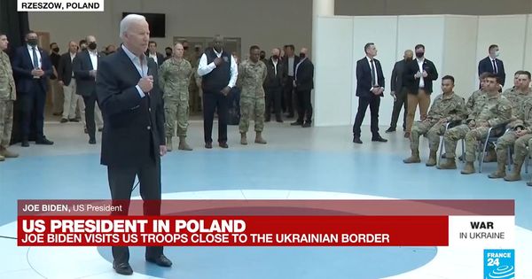 US President Joe Biden was speaking to US troops in Poland about Russia's invasion of Ukraine and said the words And you're gonna see when you're there. (France 24 and @sentdefender (Twitter))