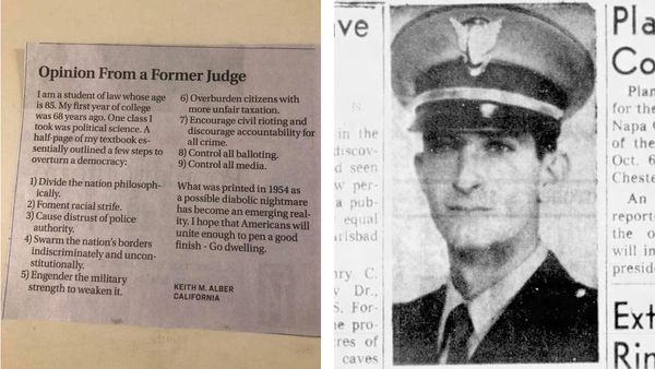 Keith M Alber wrote an opinion from a former judge which began with the words I am a student of law whose age is 85. (Facebook and The Napa Register (1959))