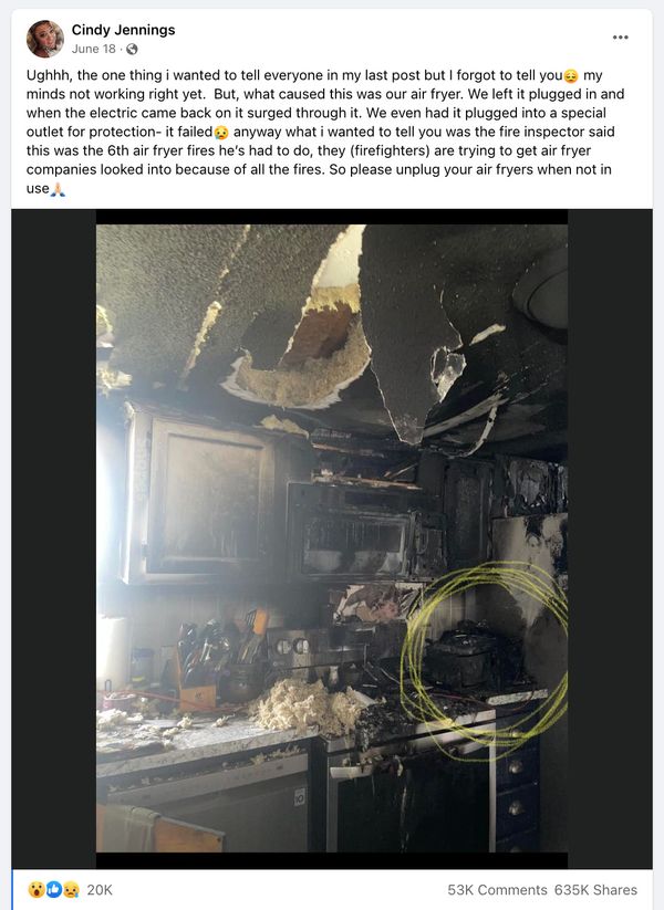 cindy jennings posted to facebook that an air fryer had a power surge and caused a kitchen fire - Did a Power Surge in a Plugged-In Air Fryer Cause a Fire, as Claimed in Viral Facebook Post?