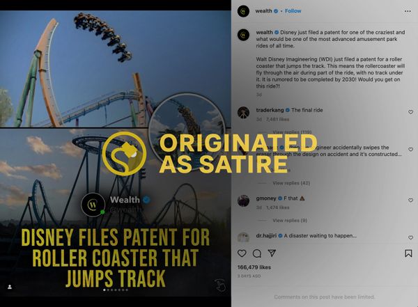 Disney did not file a patent for a roller coaster that jumps the track, as this was just satire.