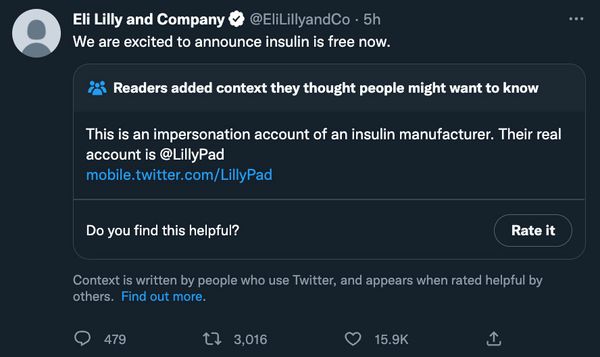 A verified Twitter account pretended to be Eli Lilly and said insulin is now free.