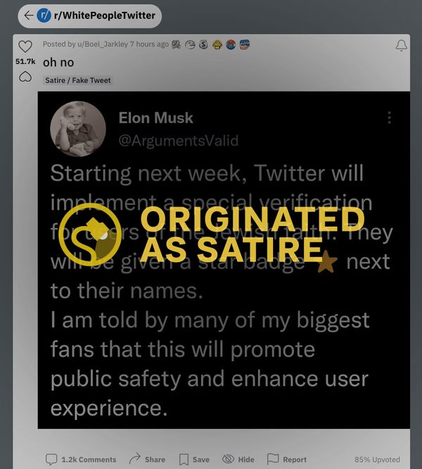 Elon Musk did not tweet that Jewish users would receive yellow star verified badges, as the rumor came from a satire tweet.