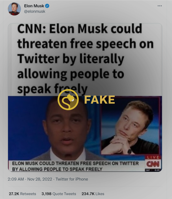 Twitter CEO Elon Musk shared a fake CNN chyron saying, 'Elon Musk could threaten free speech on Twitter by literally allowing people to speak freely.'