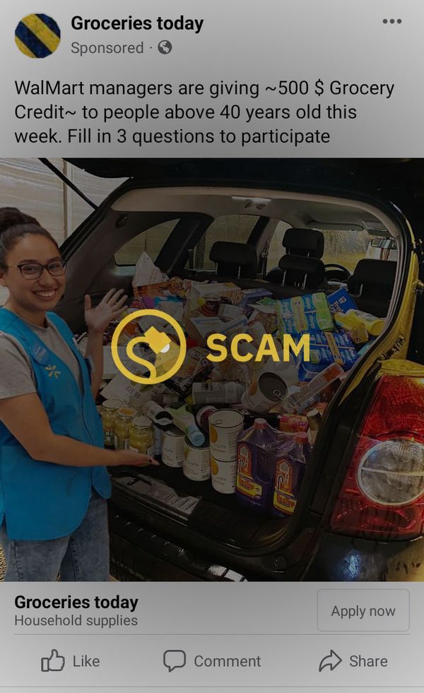 A scam Facebook page named Groceries today said that Walmart was giving away a $500 store credit.