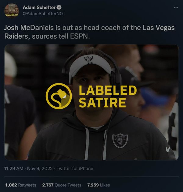 A Twitter account that looked like Adam Schefter and said it publishes parody tweeted that Josh McDaniels had been fired.