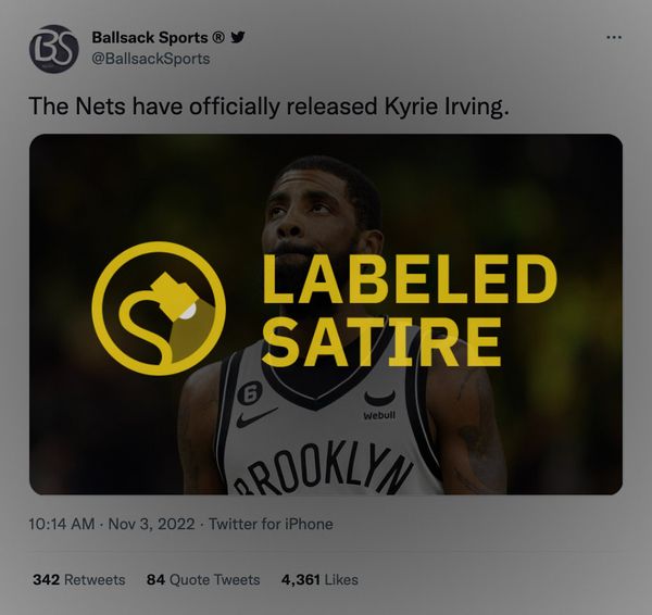 The parody and satire Twitter account Ballsack Sports tweeted that the Nets have officially released Kyrie Irving.