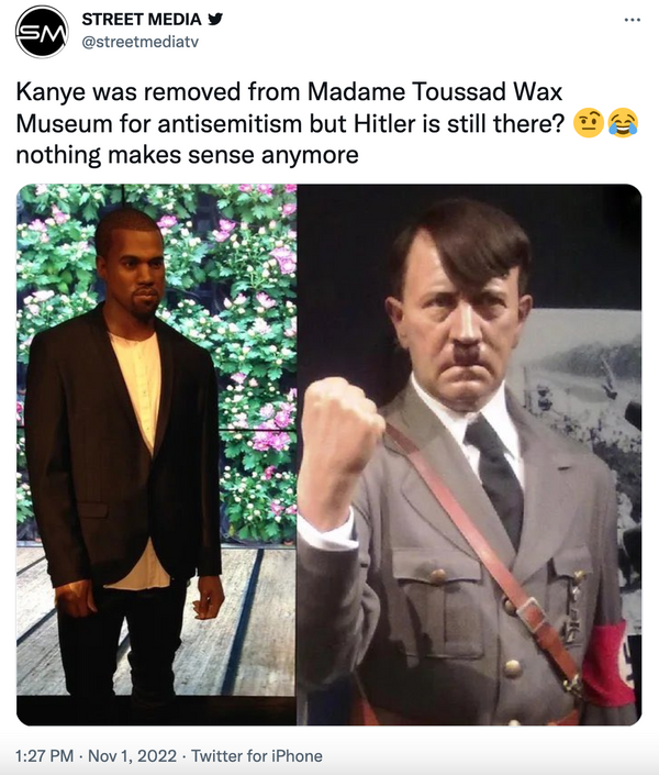 A deleted tweet showing wax figures of both Hitler and Kanye West.