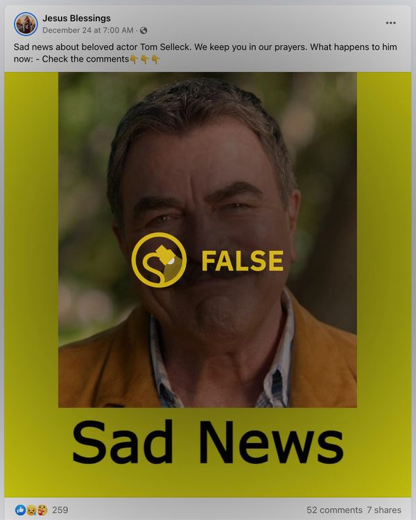 Tom Selleck is not dead, nor did he experience sad news or endorse CBD gummies.