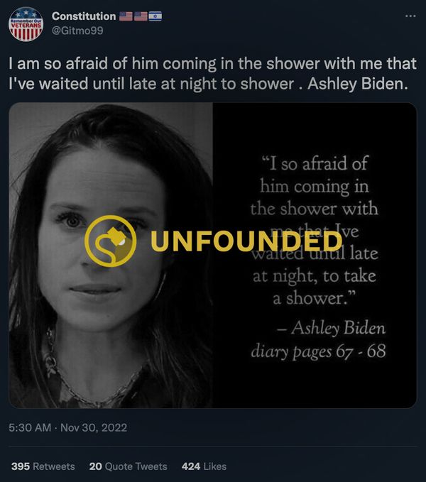 A supposed diary quote said Ashley Biden wrote she was afraid of her dad coming in the shower.