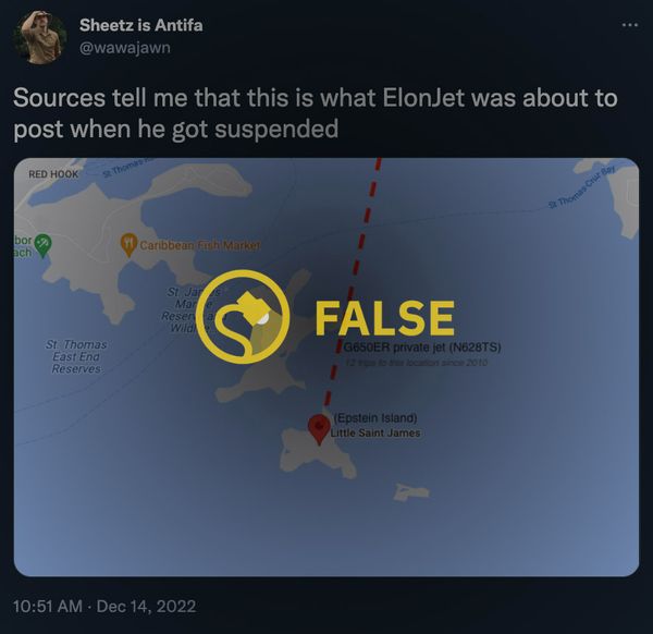 A user created a fake image of a map that purported to show that Elon Musk's jet flew 12 times to Jeffrey Epstein's island since 2010.