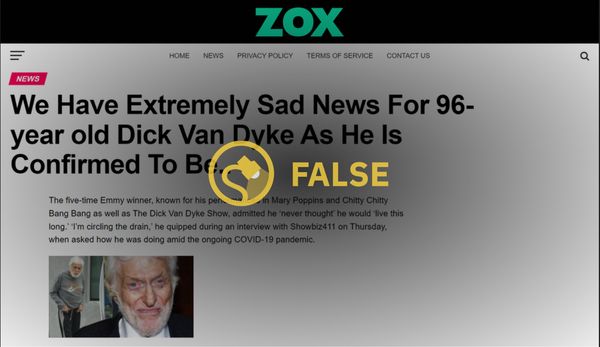 Website falsely claims that Dick Van Dyke is dead.