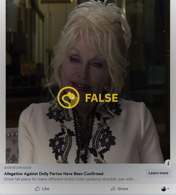 Oglasi na Facebooku lažno su tvrdili da su optužbe protiv Dolly Parton potvrđene.