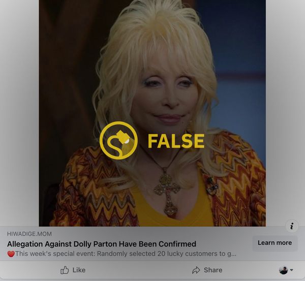 Oglasi na Facebooku lažno su tvrdili da su optužbe protiv Dolly Parton potvrđene.