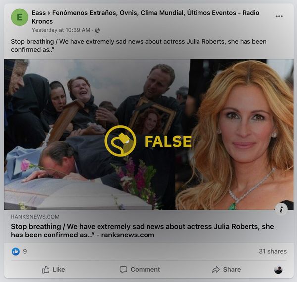 Julia Roberts is not dead despite a very sad news or extremely sad news death hoax on Facebook.