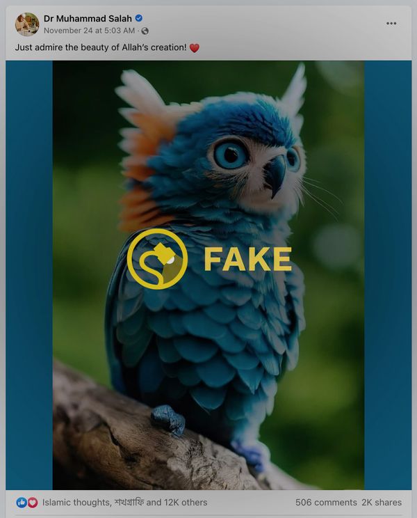 A picture of a blue owl was not real because blue owls aren't real.