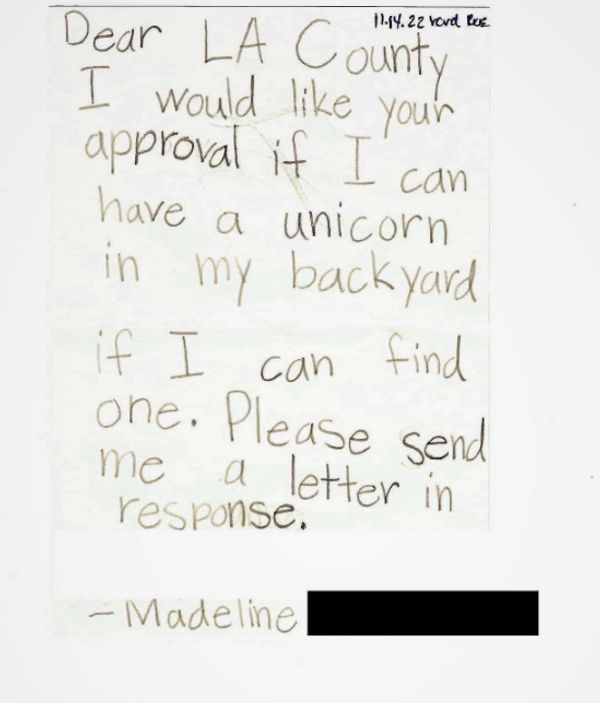 Letter from Madeline asking LA County for approval to keep a unicorn in her backyard.