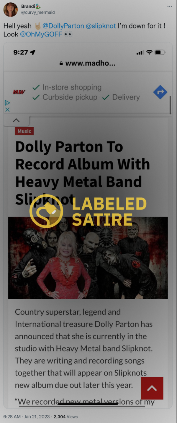 Dolly Parton to record album with heavy metal band Slipknot?
