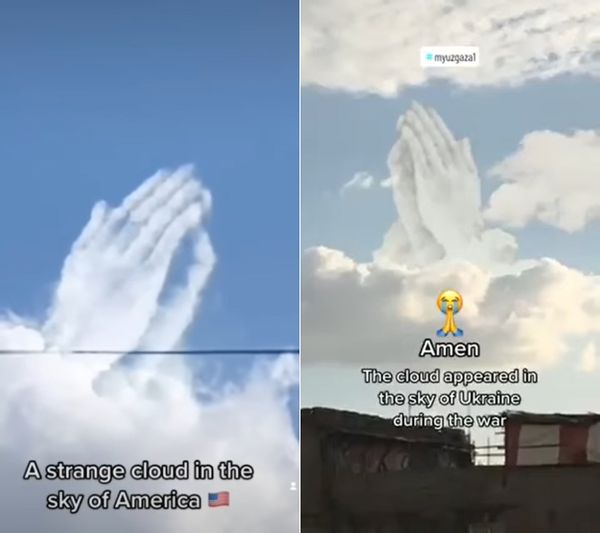 praying hands in clouds
