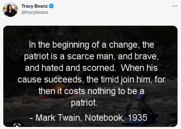 Mark Twain: In the beginning of a change, the patriot is a scarce man, and brave, and hated and scorned. When his cause succeeds, the timid join him, for then it costs nothing to be a patriot.