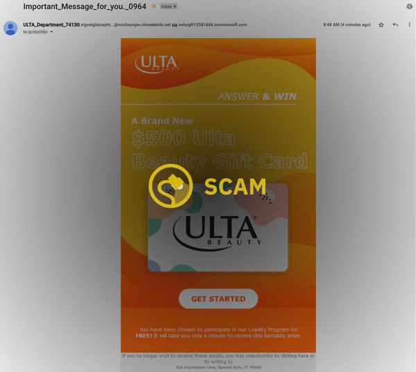 An Ulta Beauty email scam promised users they had won a $500 gift card.