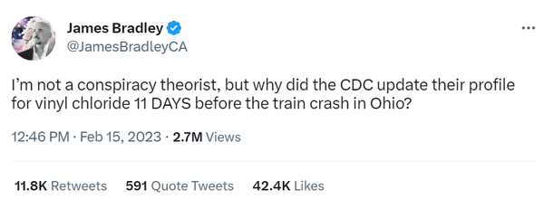 I'm not a conspiracy theorist, but why did the CDC update their profile for vinyl chloride 11 DAYS before the train crash in Ohio?
