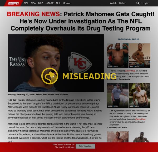 A rumor claimed that Patrick Mahomes was facing cheating allegations about drugs and had been caught with Erexo Plus male enhancement supplements.