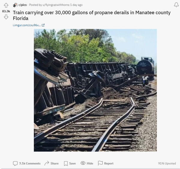 Train carrying over 30,000 gallons of propane derails in Manatee county Florida