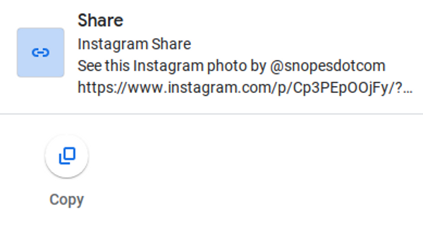 An Instagram share link for a post from Snopes post can be copied to send to other people.