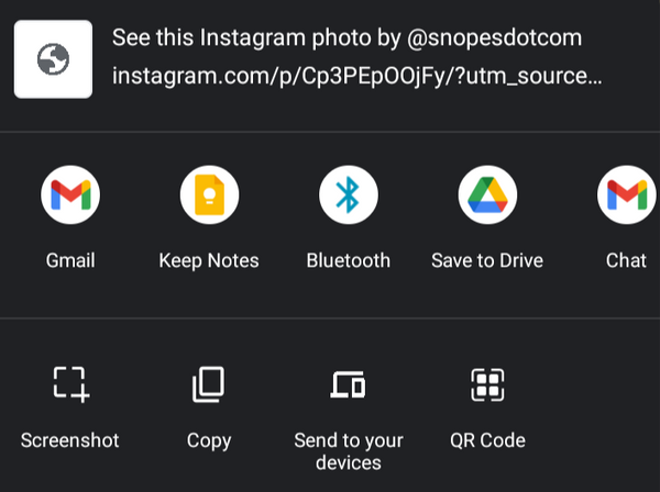Different ways to share a Snopes Instagram post are featured, including Gmail, Keep Notes, Bluetooth, Save to Drive and Chat. You can also share it through screenshots, copying the post, sending the post to your own devices, and using a QR code.