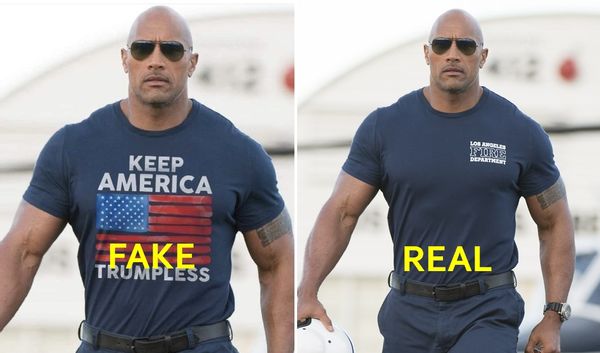 a photo showing the dwayne the rock johnson wearing an anti-trump t-shirt is fake