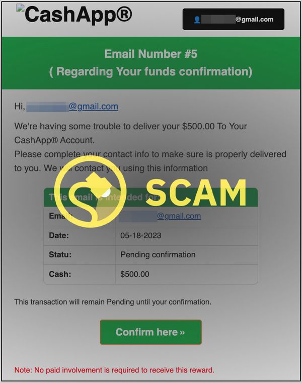 This Cash App scam email about a deposit of $500 led to hidden subscription scams on so-called gadget and consumer websites.