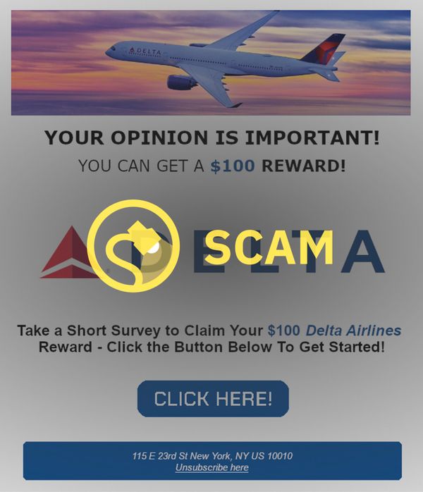 Delta Air Lines or Airlines was not giving away in a promotion $500 gift cards for $1 or $100 rewards for taking a short emailed survey.