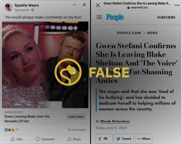 A rumor claimed that Gwen Stefani was leaving and divorcing Blake Shelton because of something involving weight loss or fat-shaming or keto weight loss gummies.
