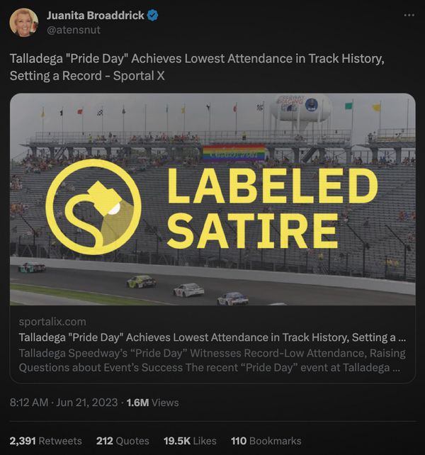 A rumor claimed that Talladega Superspeedway held a Pride Day that achieved the lowest attendance in the Alabama track's history.