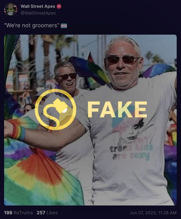 A fake photo of a man wearing a trans kids are sexy shirt or t-shirt or tshirt was going around on Twitter.