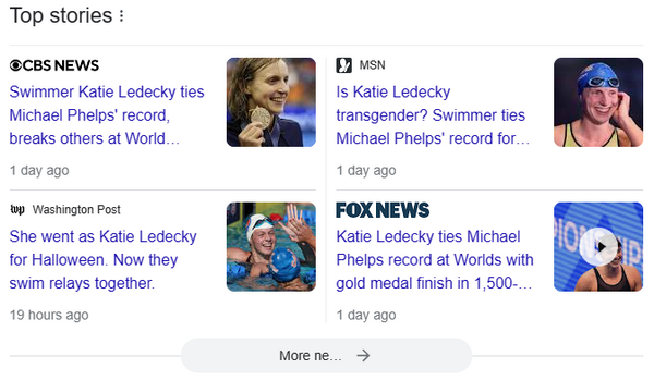 A screenshot of top stories from Googole News includes one that asks if Katie Ledecky is transgender.