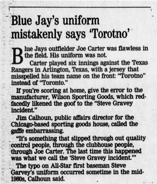 Did Toronto Blue Jays Star Joe Carter Wear a Misspelled Torotno