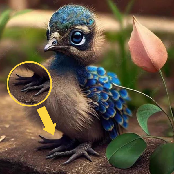 AN AI-generated image of a baby peacock is shown, with its foot emphasized to show how it's a tell of AI.