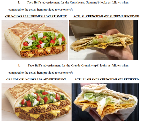 Advertisements and what was given to the customer is shown for the Chrunchwrap Supreme and Grande Chrunchwrap.