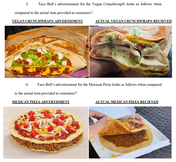 A comparison of the food advertised and what was given to the customer is shown for the Vegan Crunchwrap and Mexican Pizza.