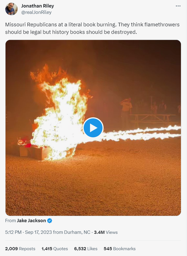Two Republican senators from Missouri say they burned empty boxes, not books, with flamethrowers.