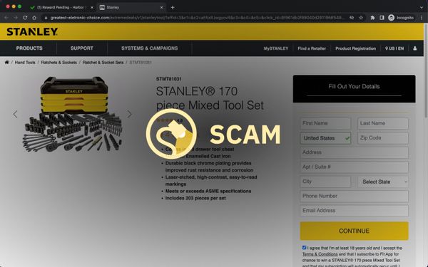 A fake Harbor Freight Tools offer in a scam email promised a 170 Piece Stanley Tool Set, drill or other products.