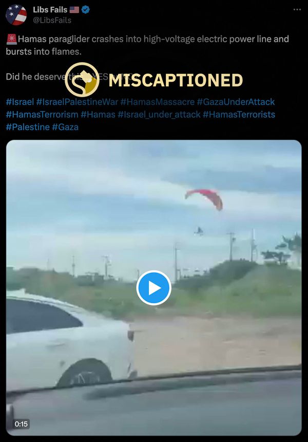 A video purportedly showed a Hamas militant in a paraglider flying into a high-voltage electric power line.
