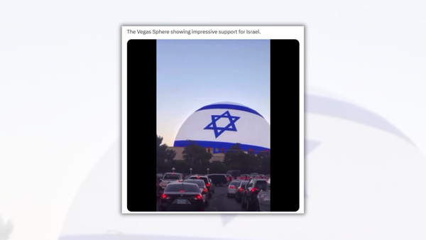 An X post says, &quot;The Vegas Sphere showing impressive support for Israel.&quot; Below the post is an image that shows the flag of Israeli on a large sphere, with many cars in traffic below it.