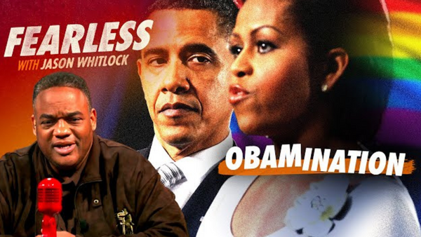 White text that says "Fearless With Jason Whiitlock" sits above a Black man talking into a red mic. "With" is in red, while "Jason Whitlock" is in red and white text. A Black man and woman is on the other side of Whitlock, with "Obamination" in white text written over Michelle Obama. You can see a rainbow flag behind her.