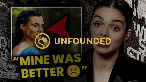 An &quot;Unfounded&quot; overlay is over an image that shows a woman looking towards the screen. To her left, a woman looks to the right, while below her in yellow, it says, &quot;Mine was better.&quot;